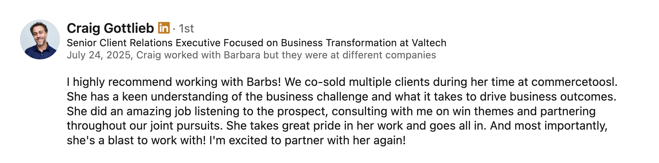 Craig Gottlieb LinkedIn recommendation